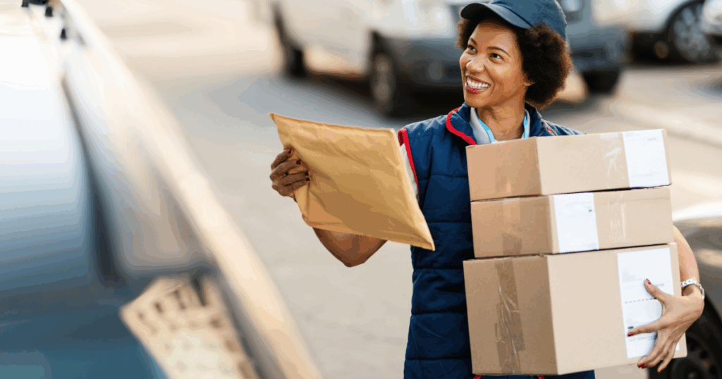 Woman holding 3 boxes and a envelope delivering mail.
