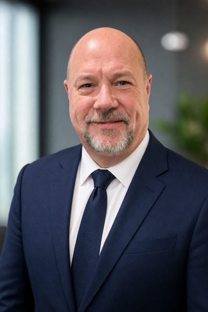 Professional headshot: smiling man in a navy suit and blue tie, neutral office background.