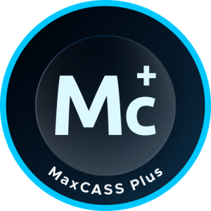 MaxCASS Plus logo badge: dark gradient circle with large 'Mc+' text and cyan border, 'MaxCASS Plus' curved along the bottom.