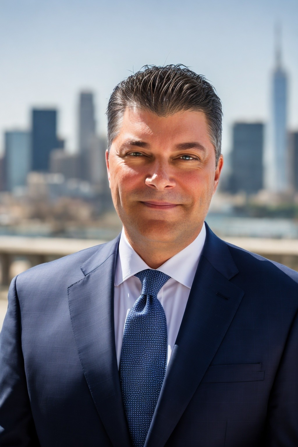 Head-and-shoulders portrait of a man in a navy suit and blue tie, with a city skyline behind him.