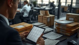 A person in a suit reviews documents on a tablet amid stacks of labeled envelopes and packages at a busy office desk sure of their workspace setup.