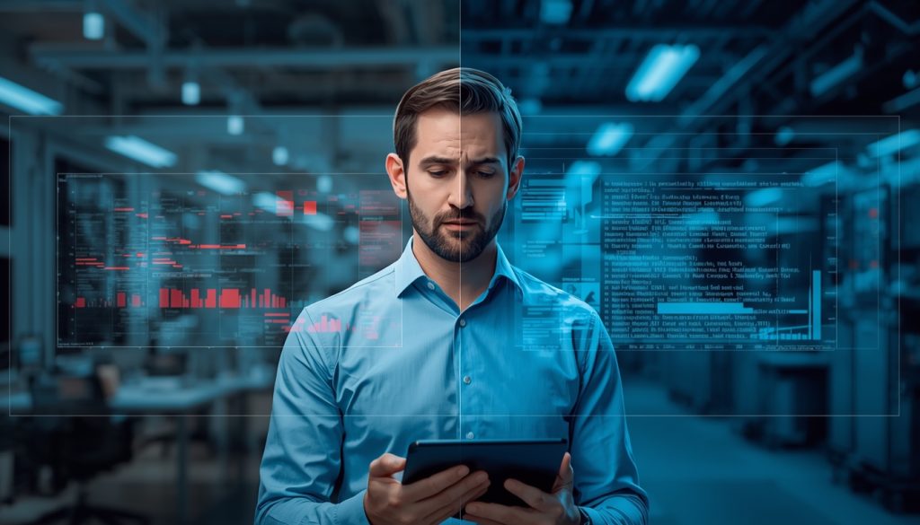 Man in a blue shirt stands in a data center, looking at a tablet while translucent dashboards hover in front of him.