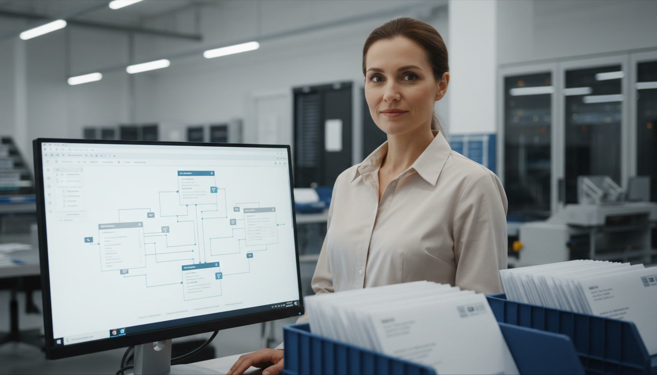 Woman in a beige blouse stands at a desk in an office, looking at a monitor displaying a complex flowchart diagram.