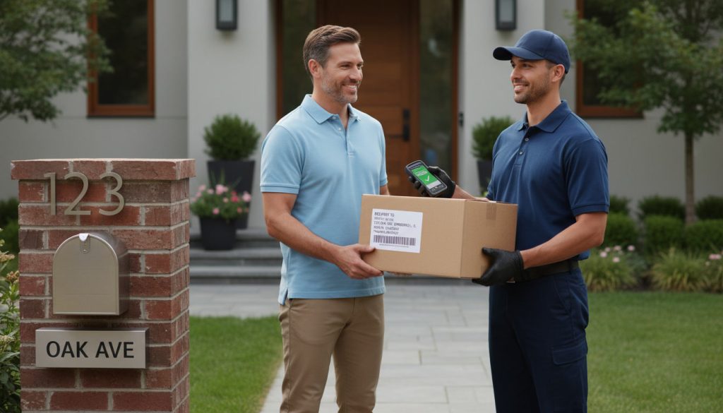 Delivery person in a blue polo hands a boxed package to a smiling man in a light blue polo in front of a modern house with a brick pillar and mailbox (address 123 Oak Ave).] ,