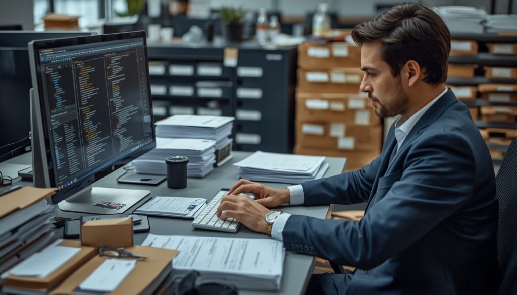 Man in a suit typing at a keyboard, focused on a code-filled monitor in a busy office.