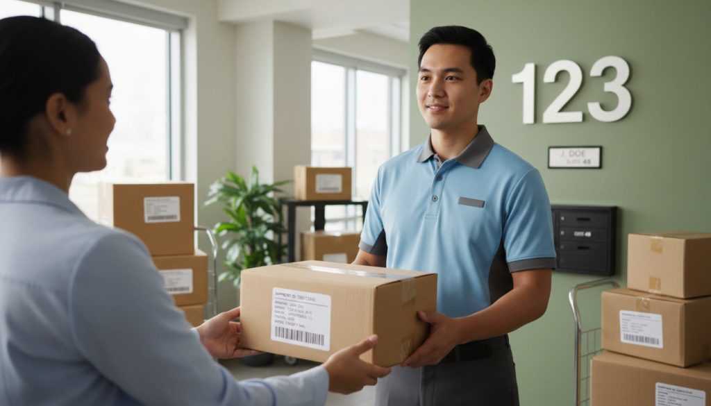 Worker in a blue polo hands a cardboard box to a recipient in a packing area with stacked boxes and a large '123' on the wall behind.