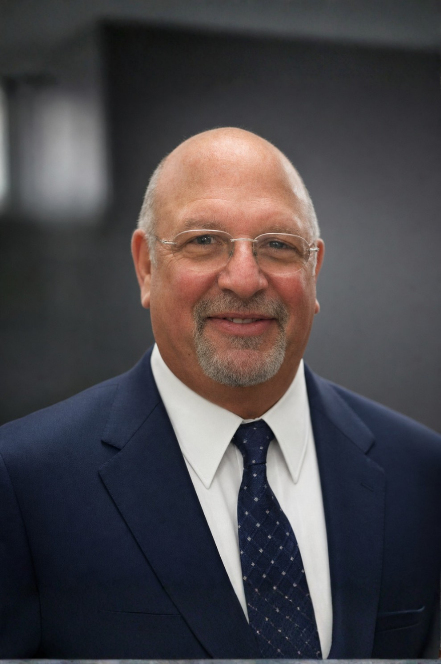 Head-and-shoulders portrait of a smiling bald man in a navy suit, white shirt, and navy patterned tie, wearing glasses.
