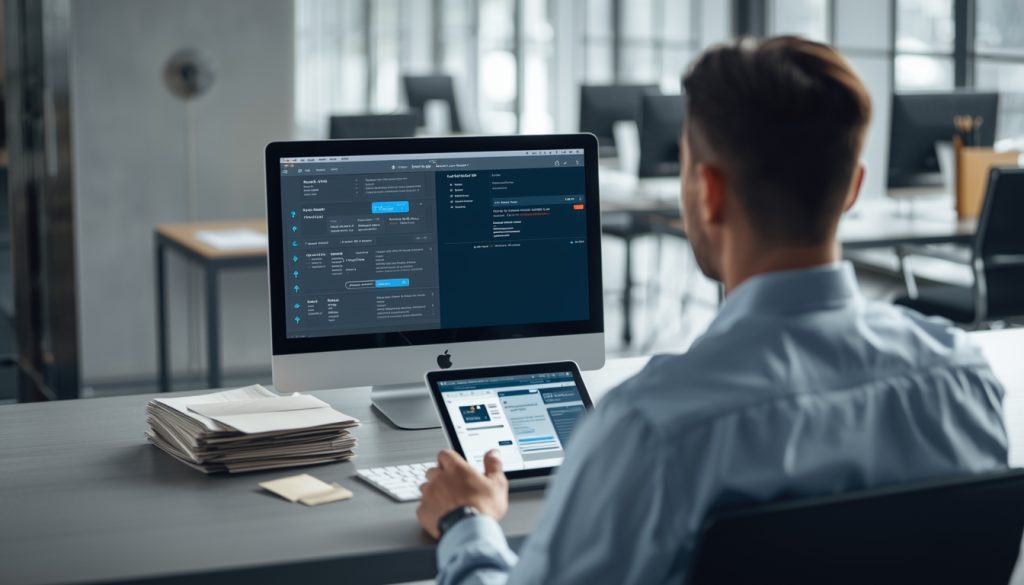 Man in a blue shirt sits at a desk, using an iMac and a tablet to view data dashboards in an open office.