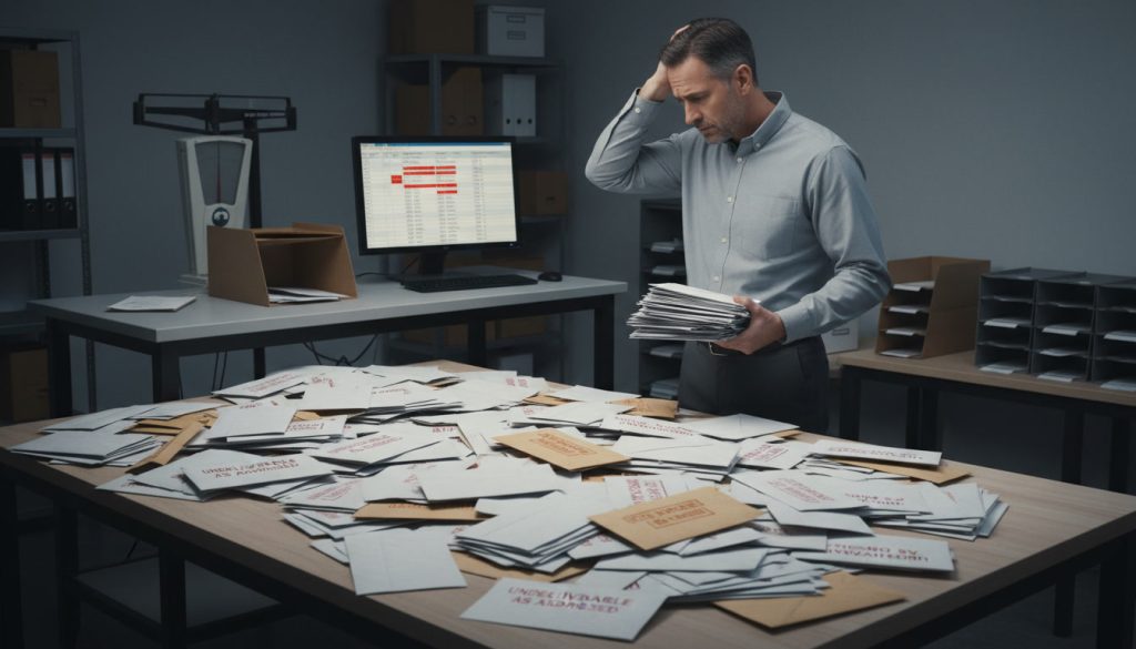 Man in a business shirt stands in a dim office, sorting through a large pile of envelopes on a table while holding a stack of documents and appearing stressed or overwhelmed.