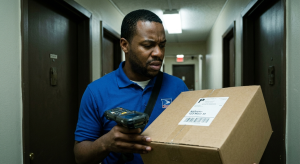 Delivery worker in a blue polo scans a cardboard box with a handheld barcode scanner in a hallway.