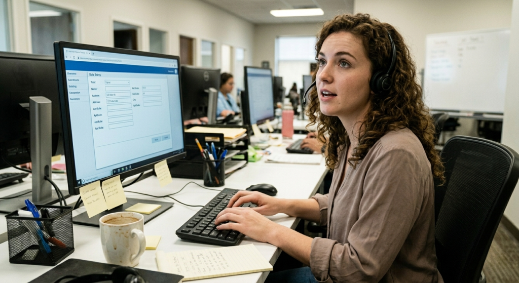 Woman wearing a headset sitting at a desk, typing on a keyboard and looking at her monitor in an open office.