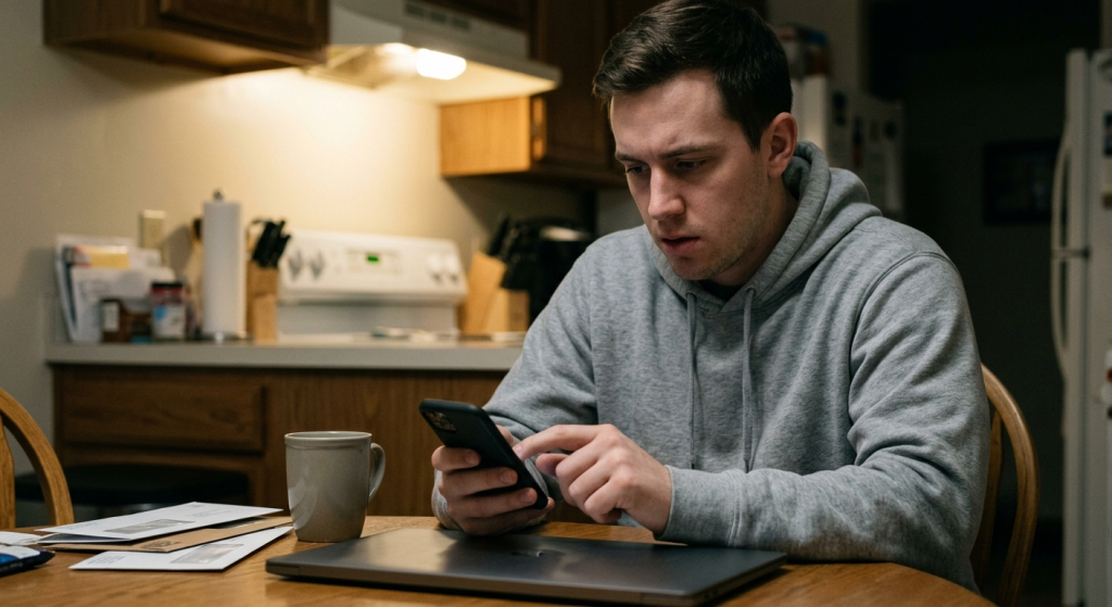 Young man in a gray hoodie sits at a kitchen table, looking at his phone with a closed laptop, a mug, and scattered papers nearby.
