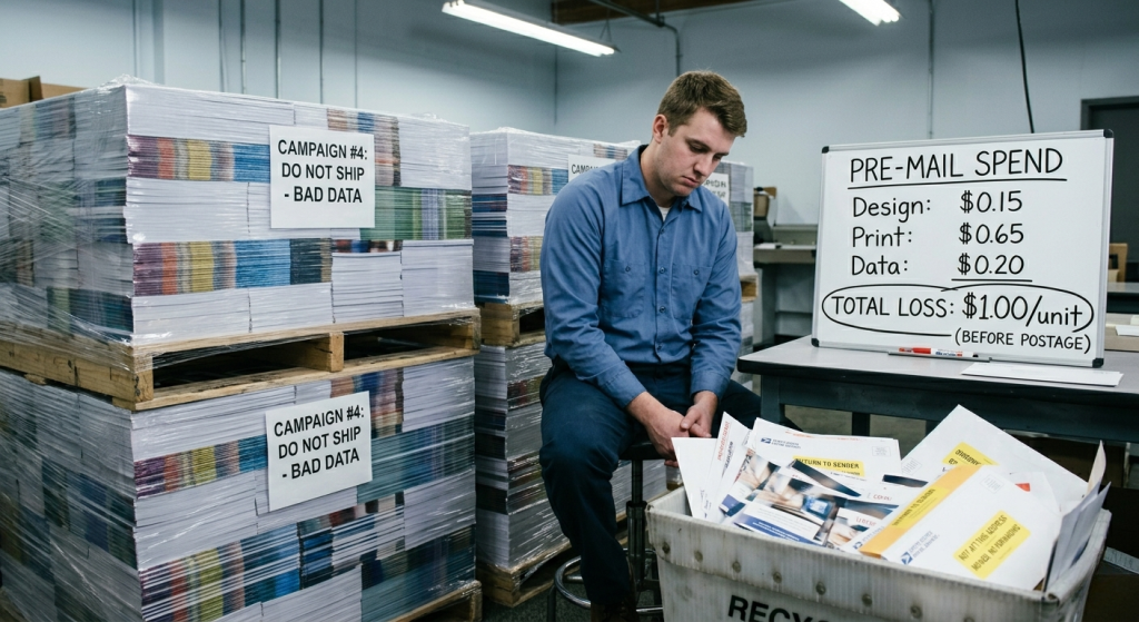 Warehouse worker in a blue shirt sits among stacked mail bundles on pallets; signs read 'Campaign #4: Do Not Ship - Bad Data' and a whiteboard shows pre-mail spend costs.