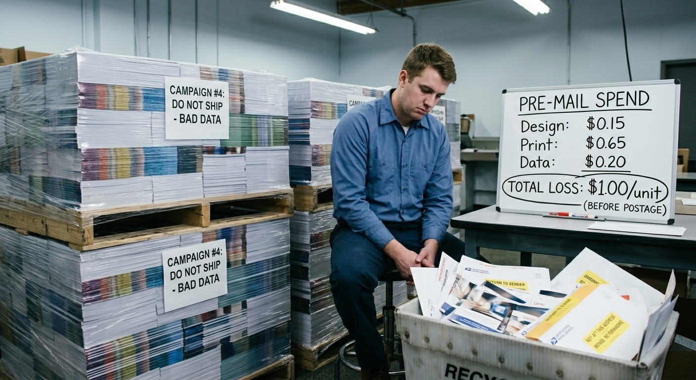 Warehouse worker in a blue shirt sits among stacked mail bundles on pallets; signs read 'Campaign #4: Do Not Ship - Bad Data' and a whiteboard shows pre-mail spend costs.