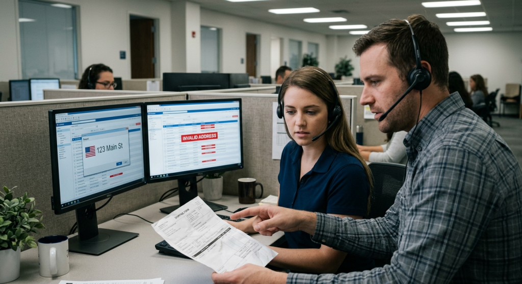 Two support agents with headsets review a printed document as dual monitors show an address form and an 'Invalid address' error.