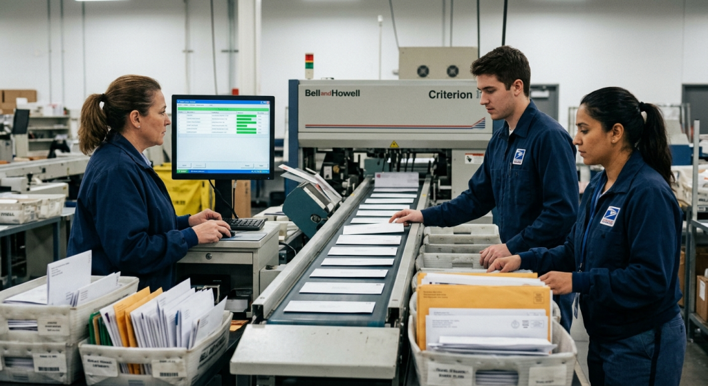 Three workers in blue uniforms sort envelopes on a conveyor in a mail processing facility, with a Bell and Howell machine in the background.