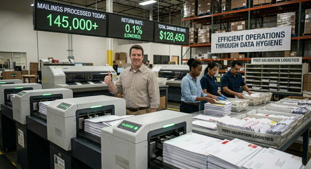Staff sorting mail at a busy processing facility, one worker giving a thumbs-up near large mail printers and stacks of envelopes.