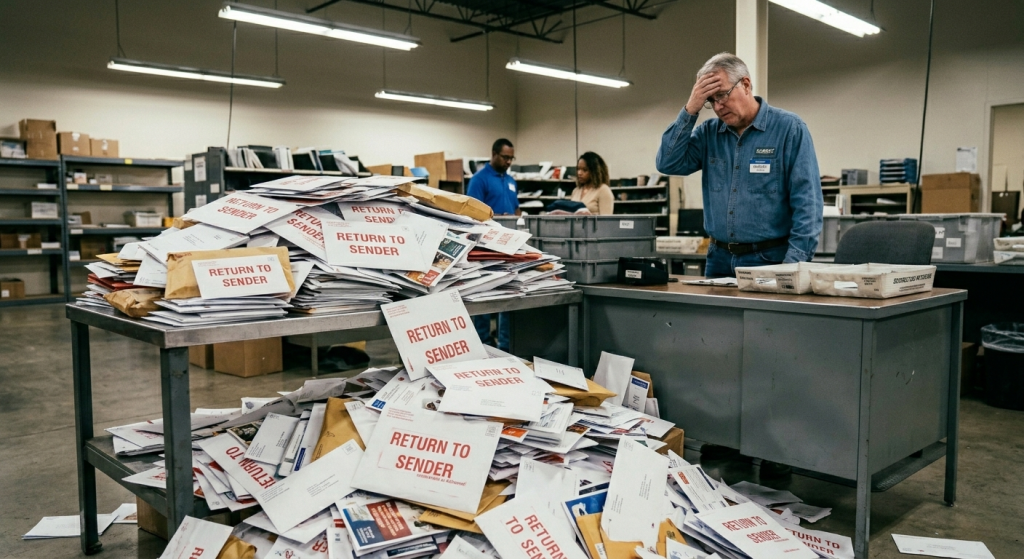 Man in a warehouse-like mailroom stands by a desk, looking stressed as a huge pile of return-to-sender envelopes overflows the table.